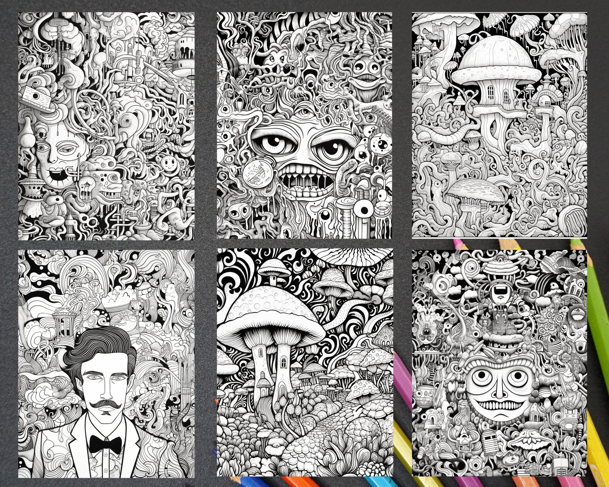 Psychedelic trippy coloring book printable for adults grayscale color â coloring