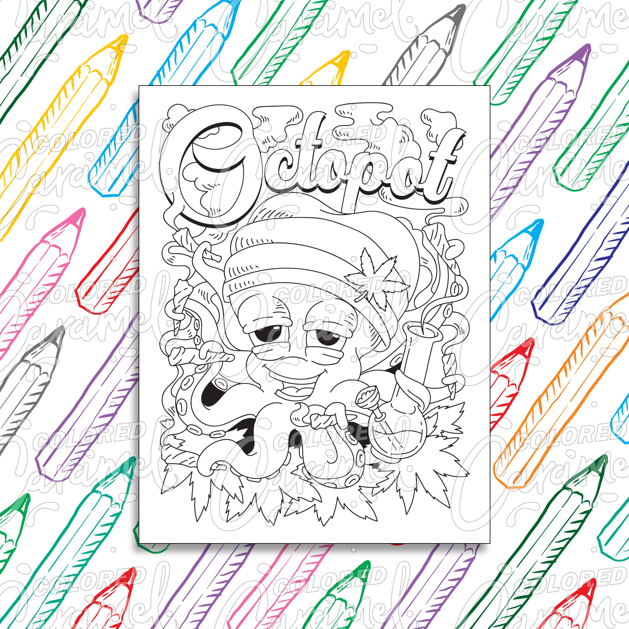 Stoner coloring page digital download pdf trippy funny and cool octopus smoking weed printable psychedelic drawing illustration