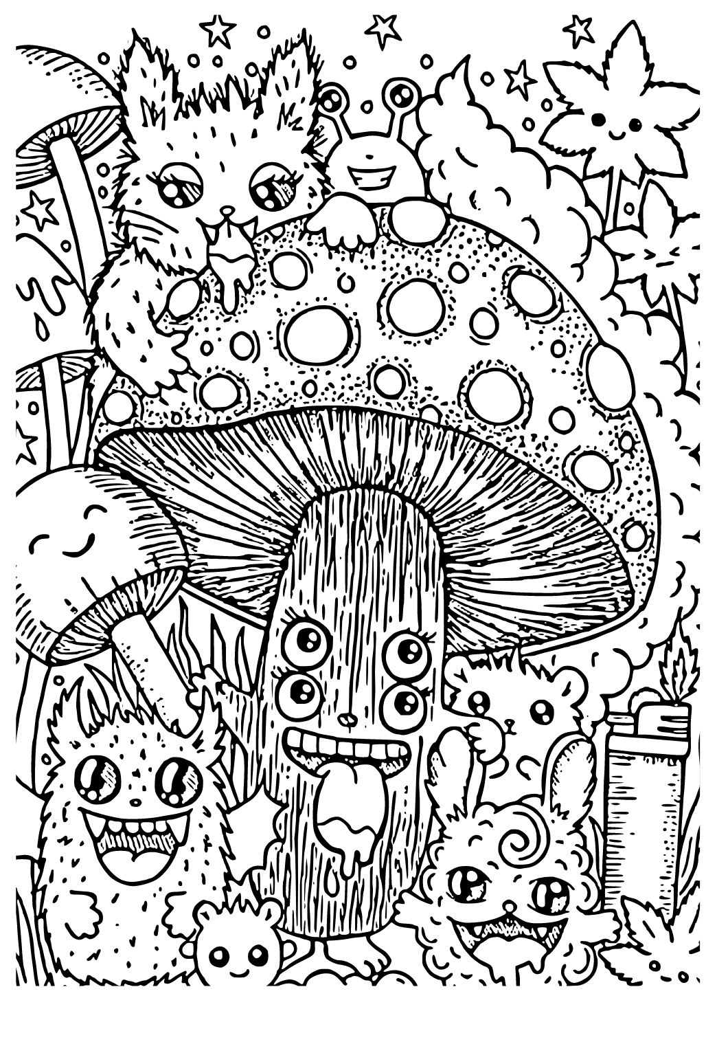 Free printable stoner mushrooms coloring page sheet and picture for adults and kids girls and boys