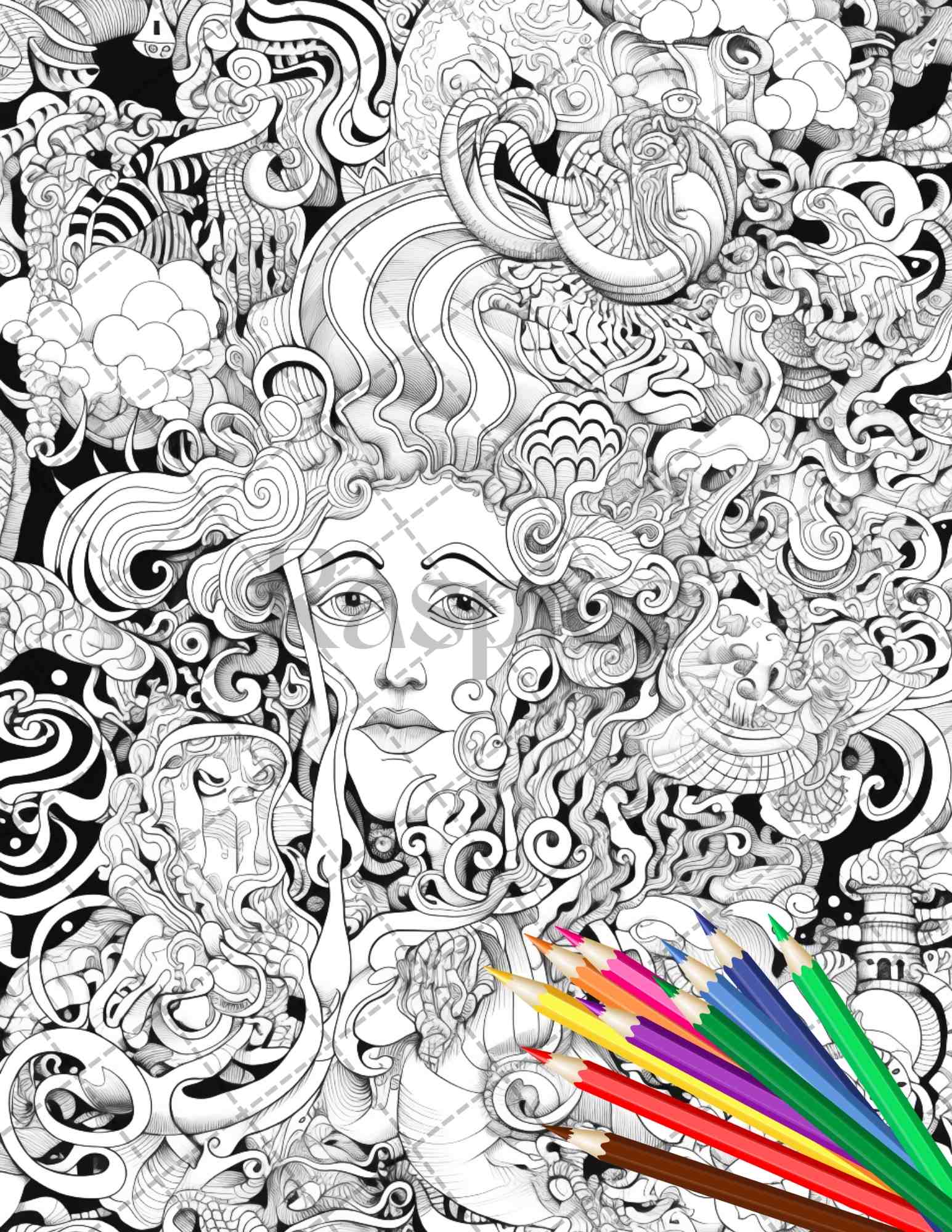Psychedelic trippy coloring book printable for adults grayscale color â coloring