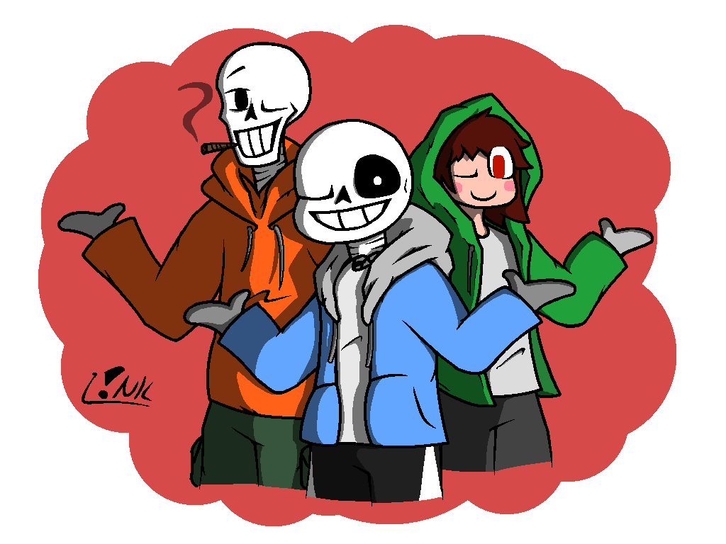 Read pinned on aaaah heres the bad time trio drawing suprisingly im not happy with sans but underswap papyrus and storyswap chara were fun the music still slaps d rts