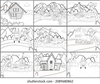 Coloring pages kids landscape sketches children stock illustration