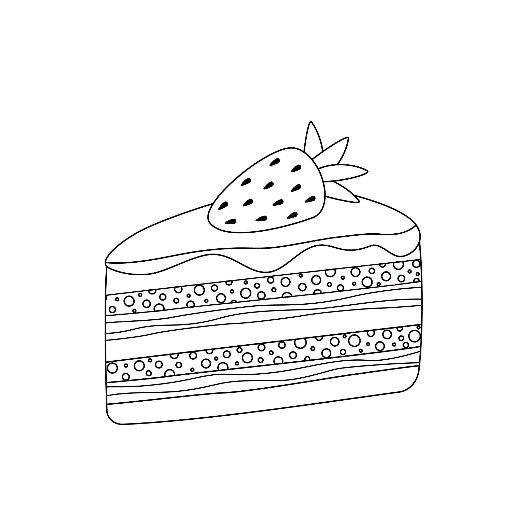 Premium vector piece of cake with strawberry coloring page black and white cake vector