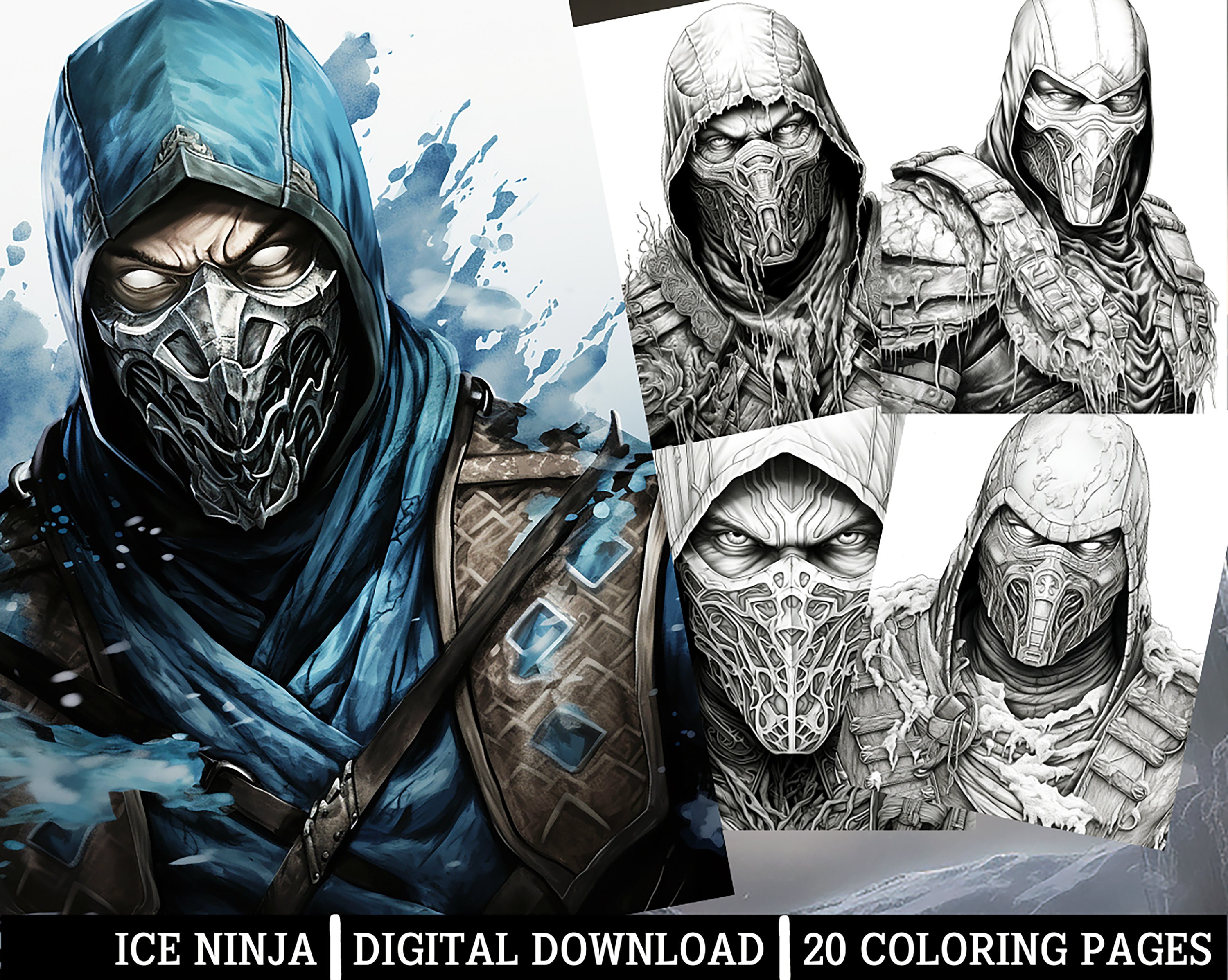 Ice ninja coloring pages for adults instant download grayscale coloring pageprintable pngjpeg horror themed movie and game inspired art