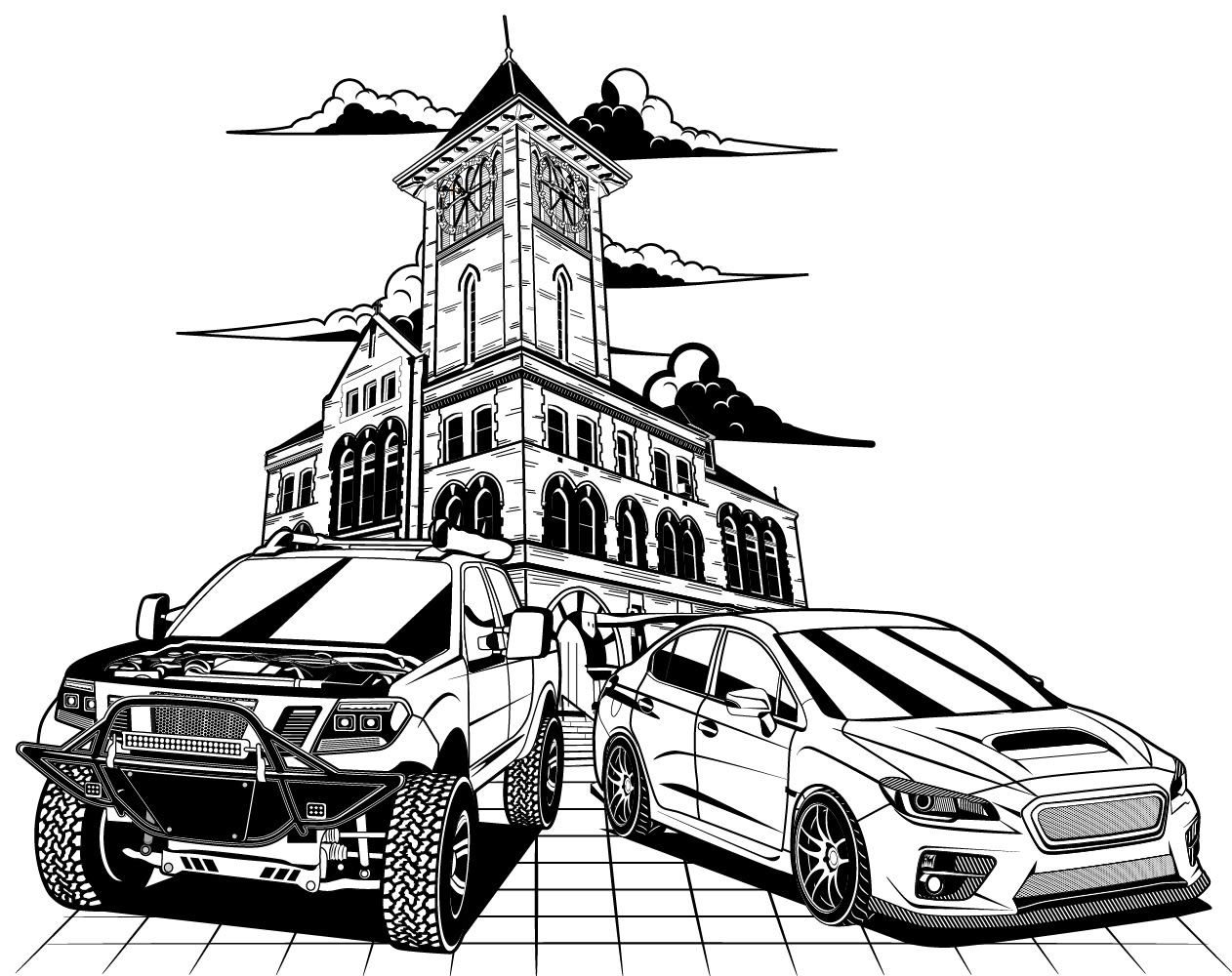 Draw car illustration into line art book coloring vector by dipurnomo
