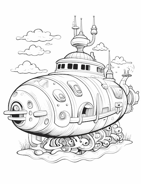 Premium ai image mindbending trippy submarine coloring page in simple vector style
