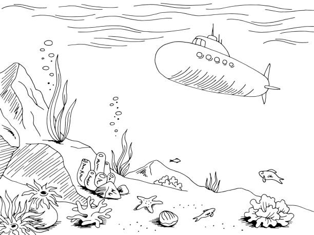 Underwater submarine graphic sea black white sketch illustration vector stock illustration