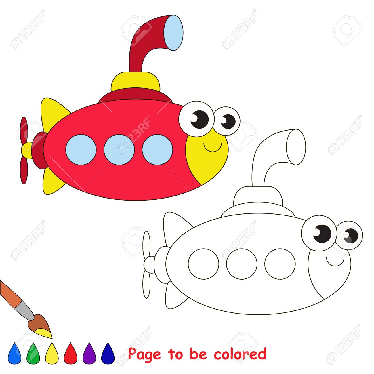 Red submarine to be colored coloring book to educate kids learn colors visual educational game easy kid gaming and primary education simple level of difficulty coloring pages royalty free svg cliparts vectors