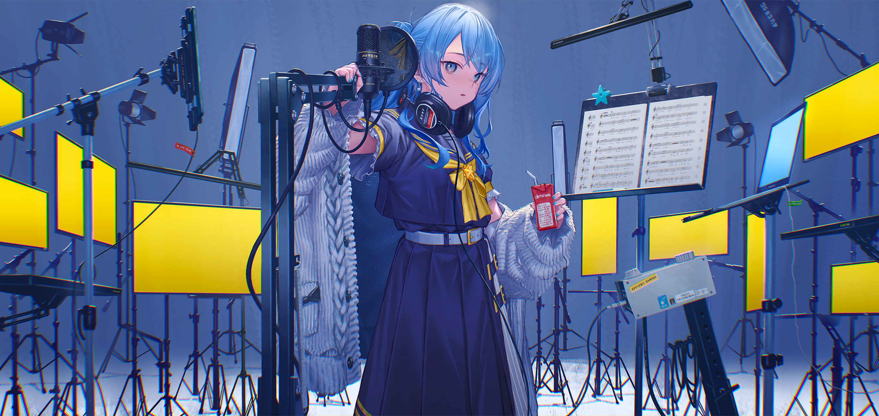 Anime anime girls hololive virtual youtuber hoshimachi suisei blue hair blue eyes headphones wallpaper