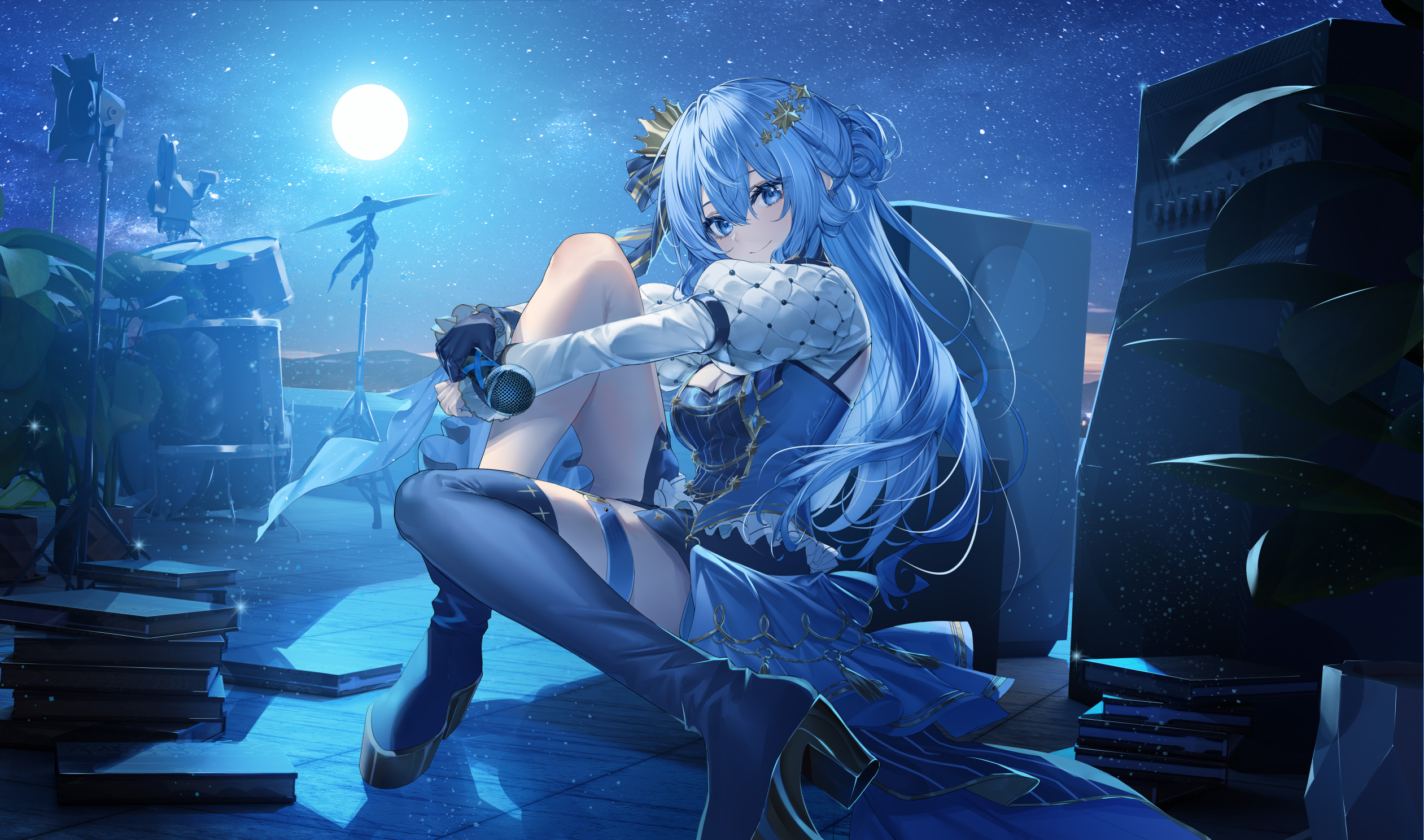 Hoshimachi suisei hololive anime girls blue hair blue eyes moon night stars starry night heels wallpaper