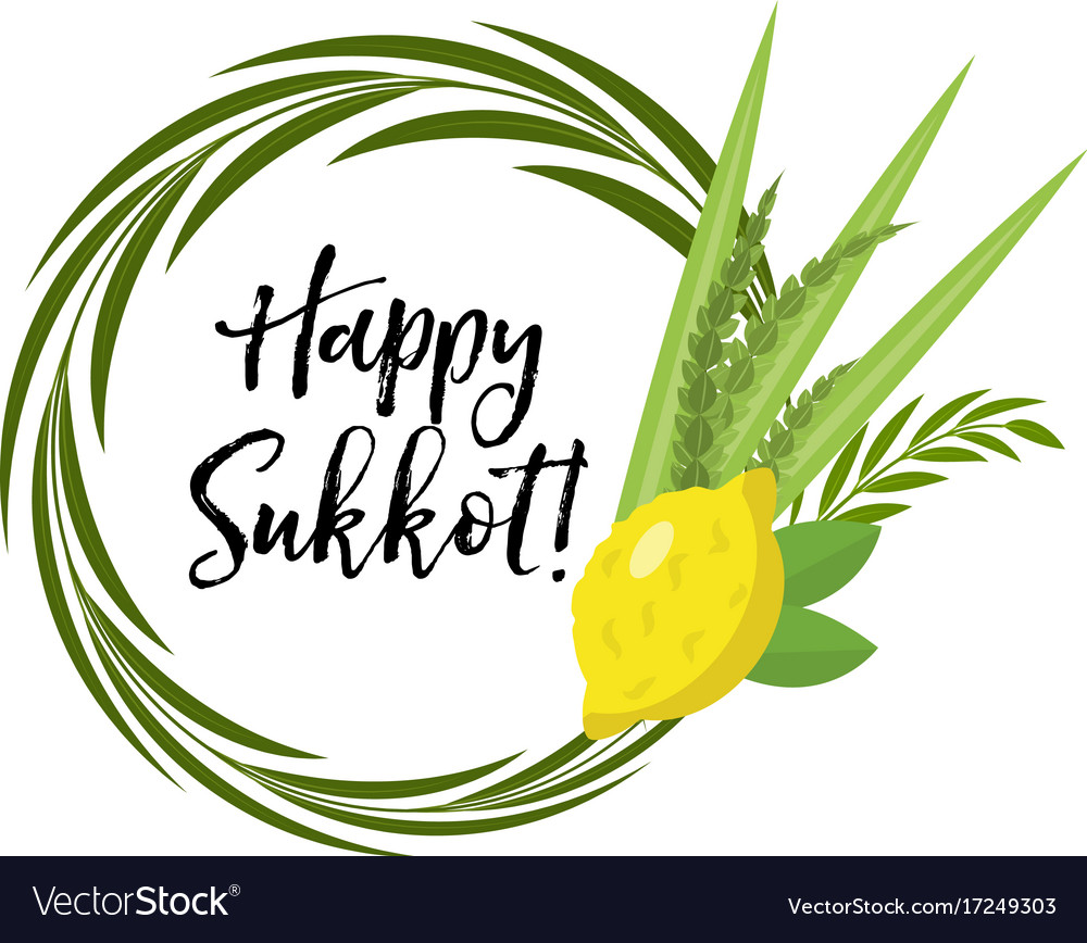 Happy sukkot round frame of herbs jewish holiday vector image