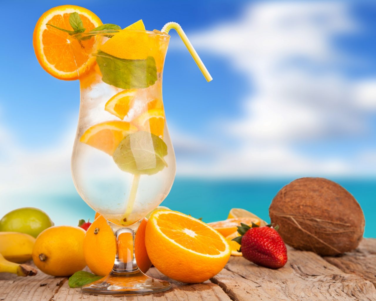 Summer refreshing drinks from fruit lemon orange banana coconut hd wallpaper