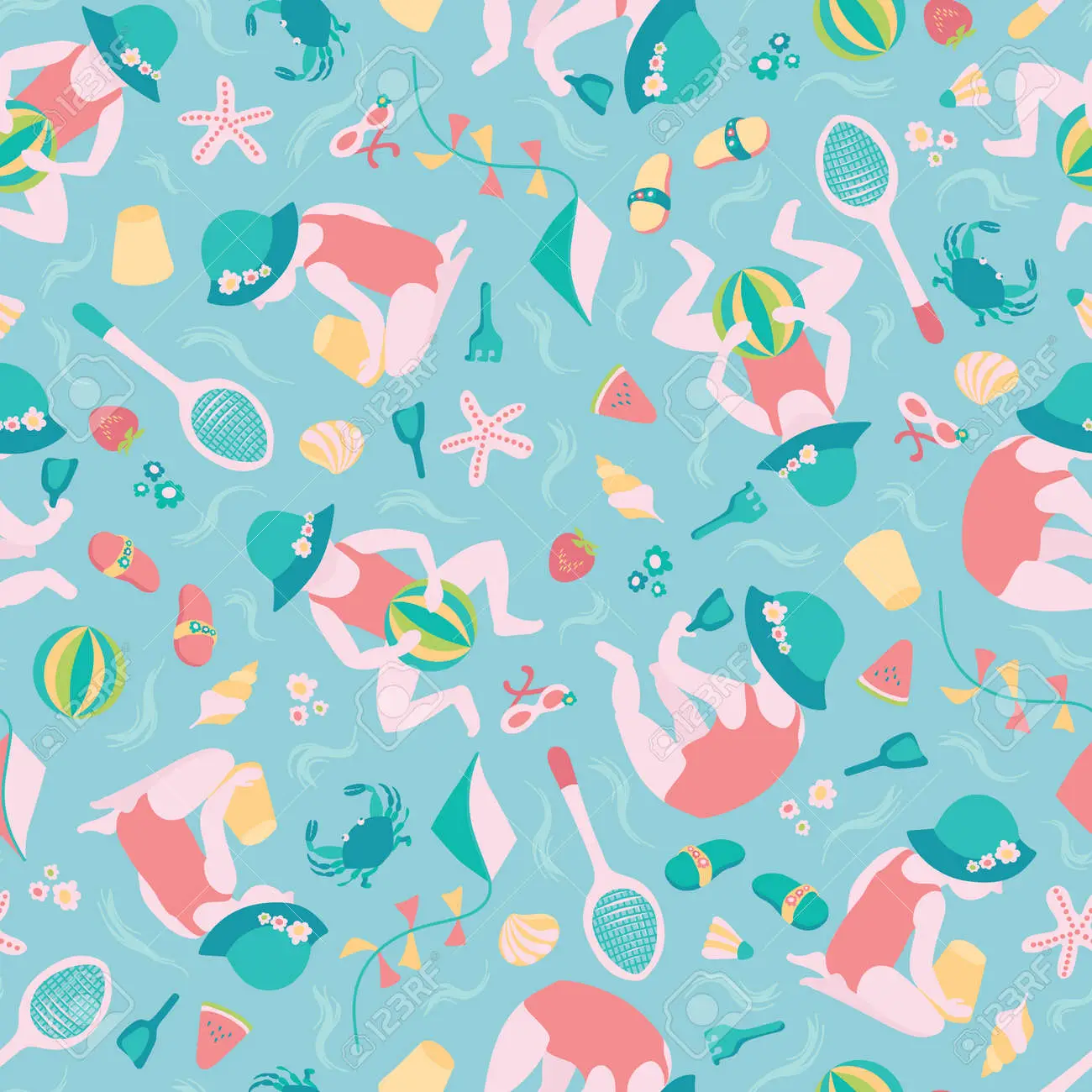 Playing girl summer beach seamless vector pattern background cute toddler with badminton beach ball kite in the sand surface pattern design for fabric wallpaper scrapbooking projects royalty free svg cliparts vectors and