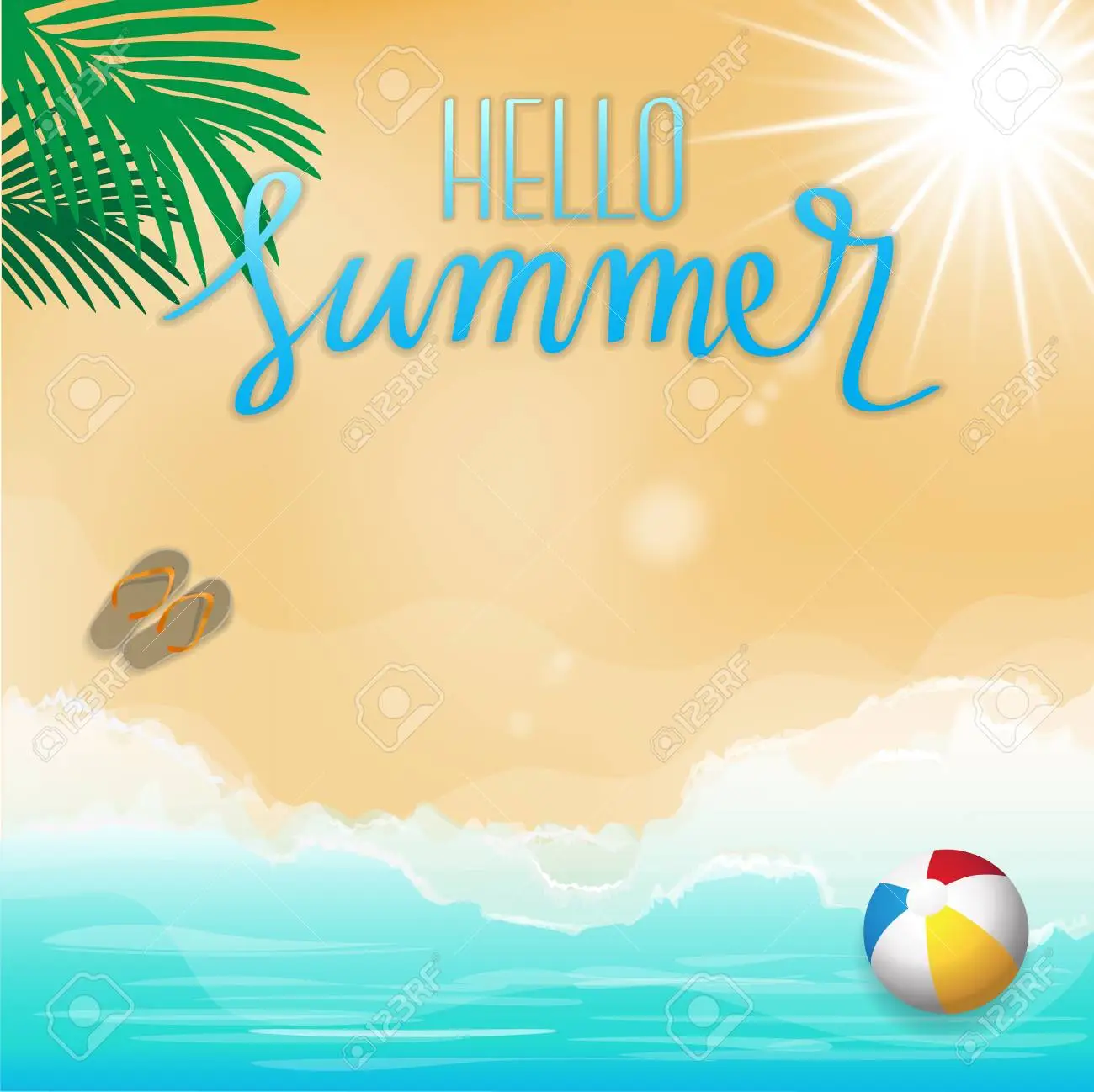 Hello summer beach background with palm leaf beach ball and flip