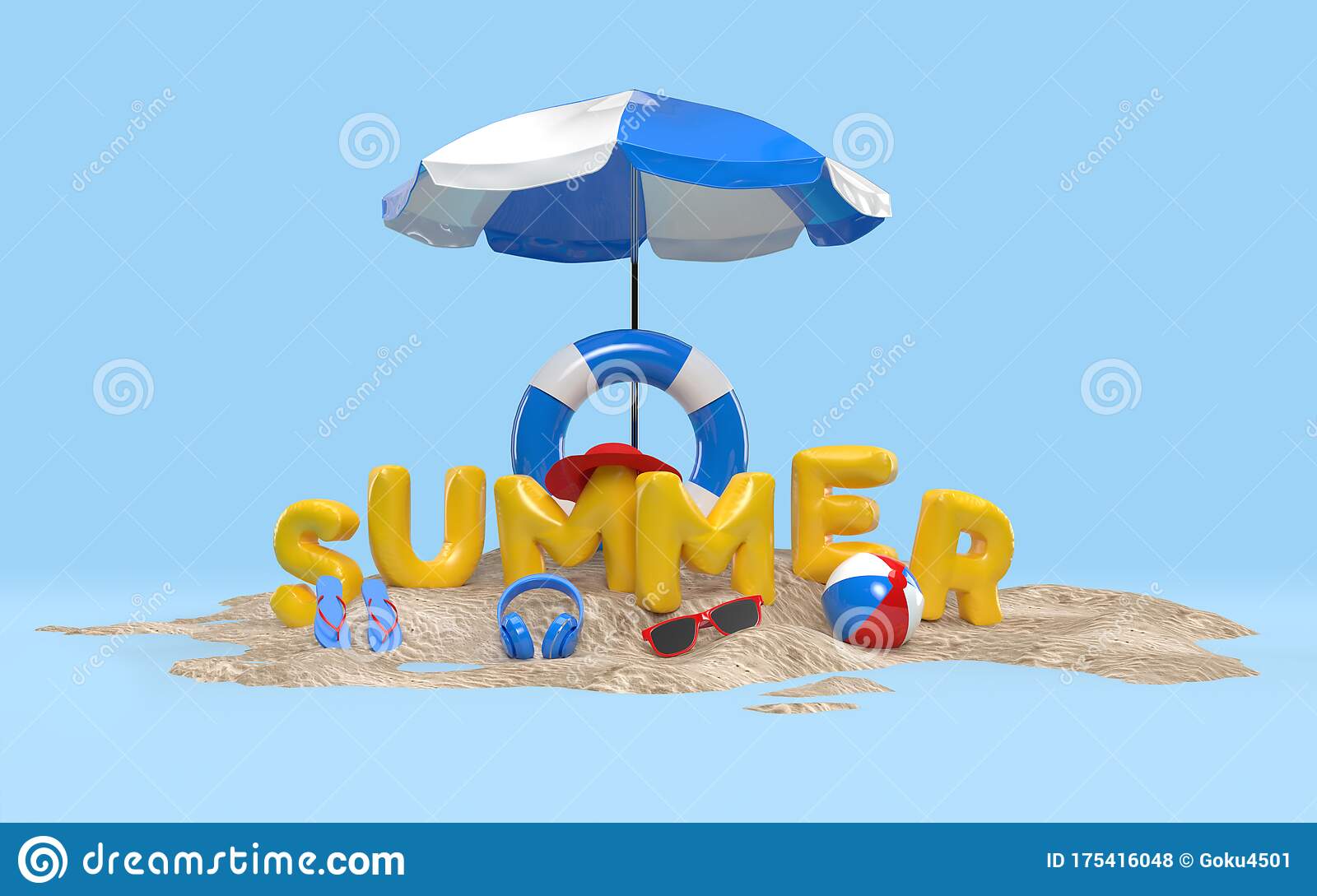 D text summer on beach island with beach umbrella sun glass flip