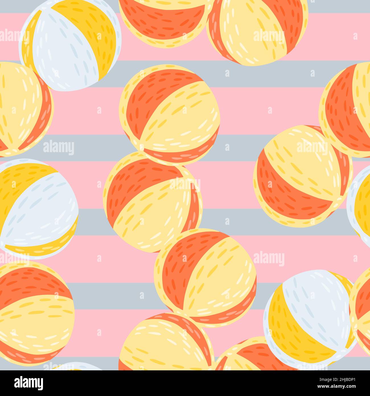 Scrapbook summer seamless pattern with random orange beach ball shapes striped pink and blue background flat vector print for textile fabric giftw stock vector image art