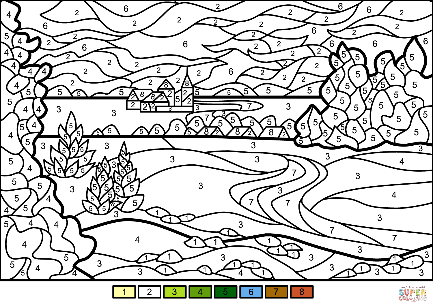 Summer landscape color by number free printable coloring pages