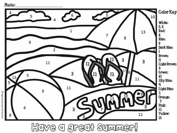 Free end of year color by number summer theme