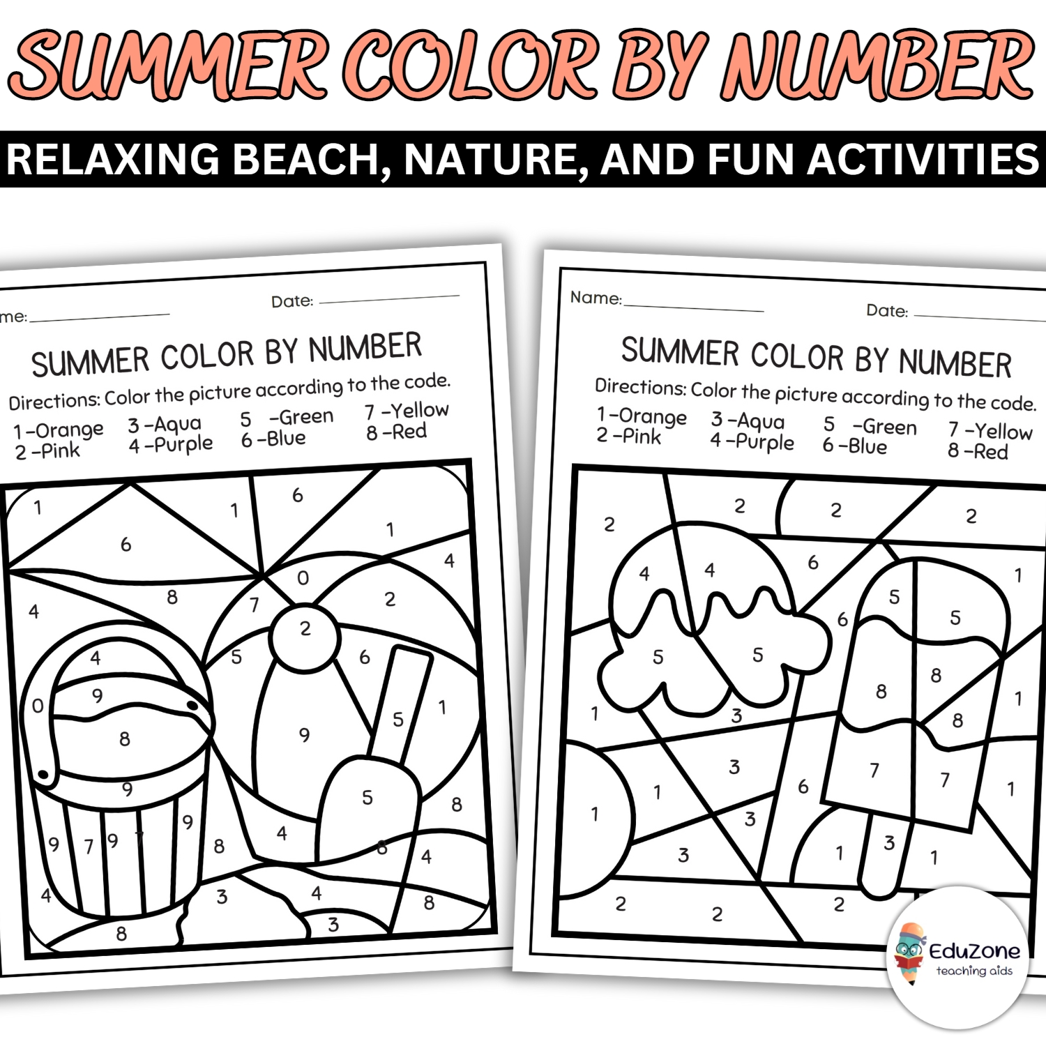 Creative summer color by number relaxing beach nature and fun activities made by teachers