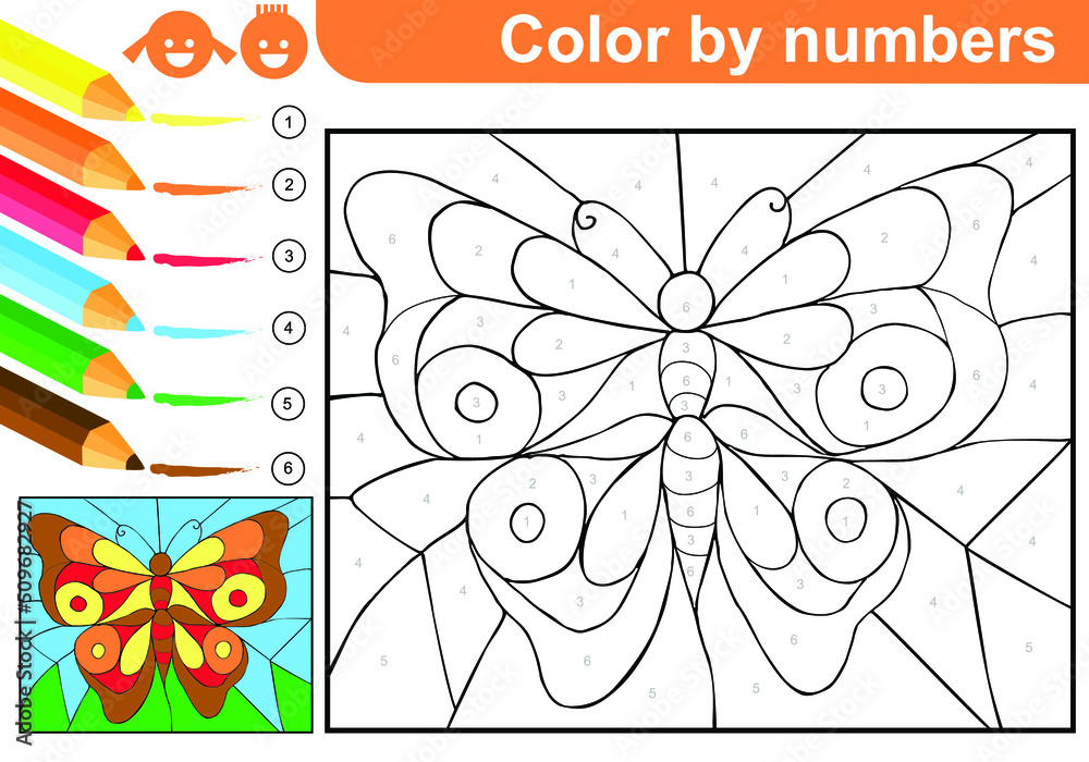 Coloring page by numbers butterfly coloring puzzle with numbers for kids spring summer worksheet at school home sketch vector vector