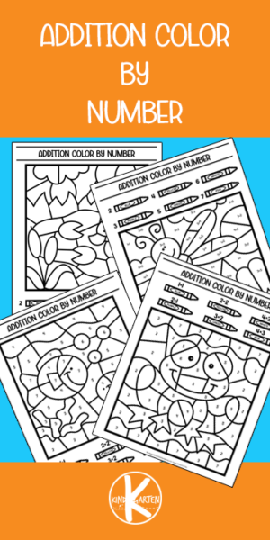 Free spring color by number and addition worksheet for kindergarten