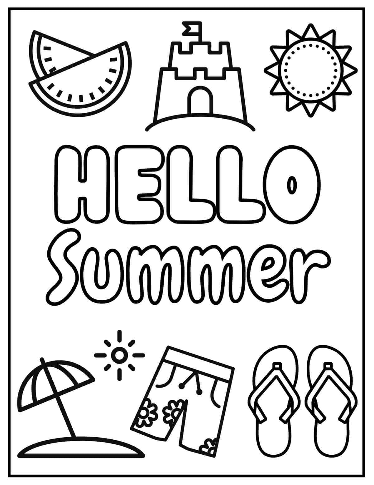 Hello summer for kids coloring page