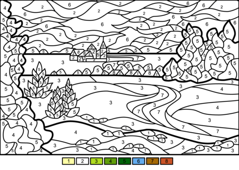 Summer landscape color by number free printable coloring pages