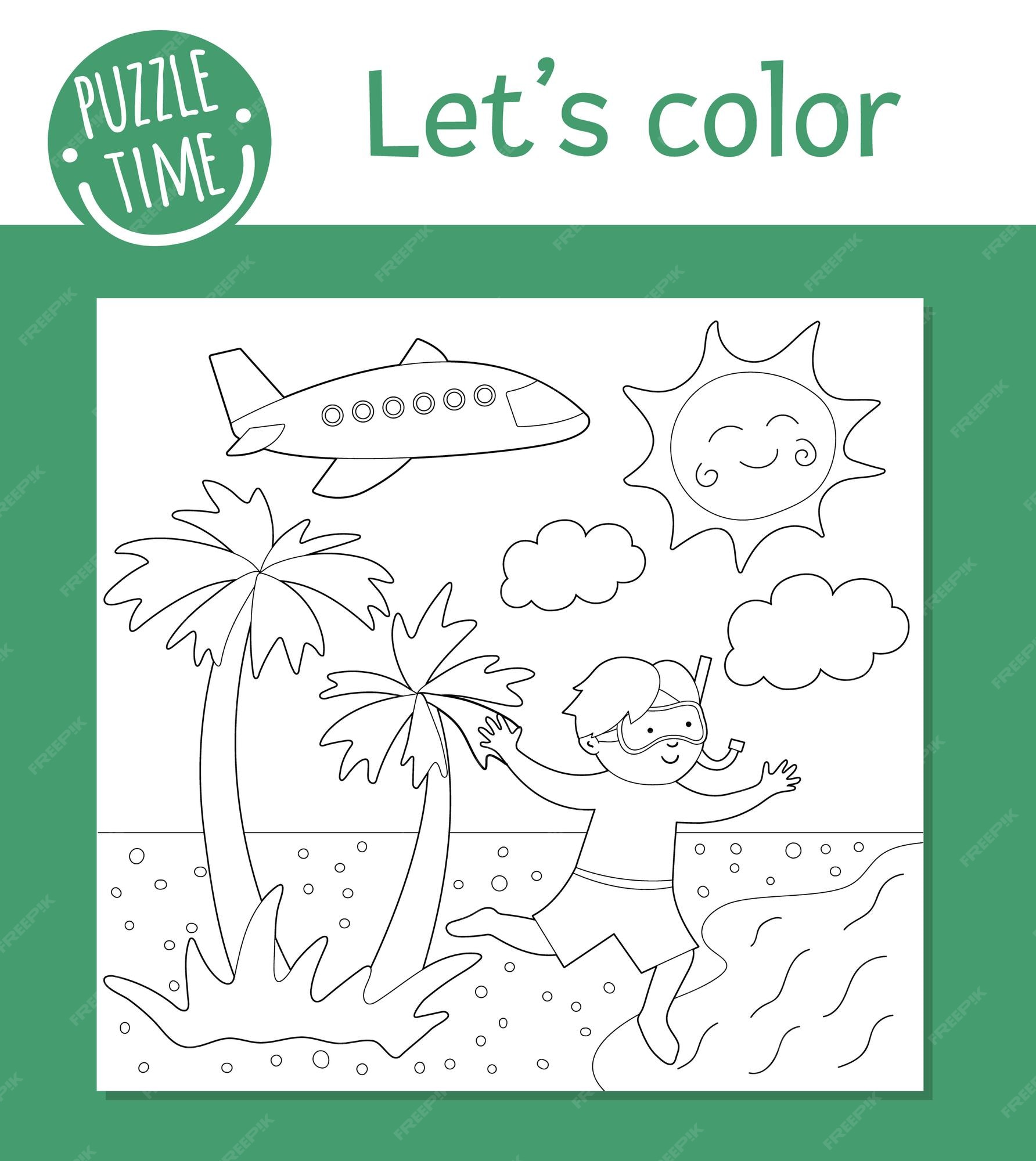 Premium vector summer coloring page for children cute funny kid running to the sea beach holidays outline sea vacation color book for kids