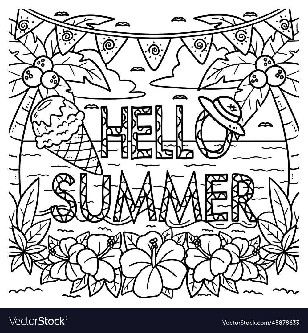 Hello summer coloring page for kids royalty free vector