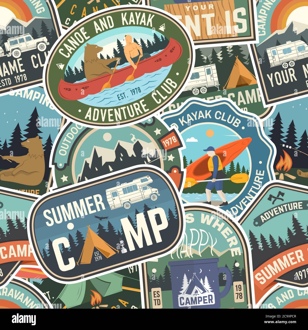 Summer camp colorful seamless pattern with rv trailer camping tent campfire bear canoe and kayak vector illustration background wallpaper seamless pattern with patches stock vector image art
