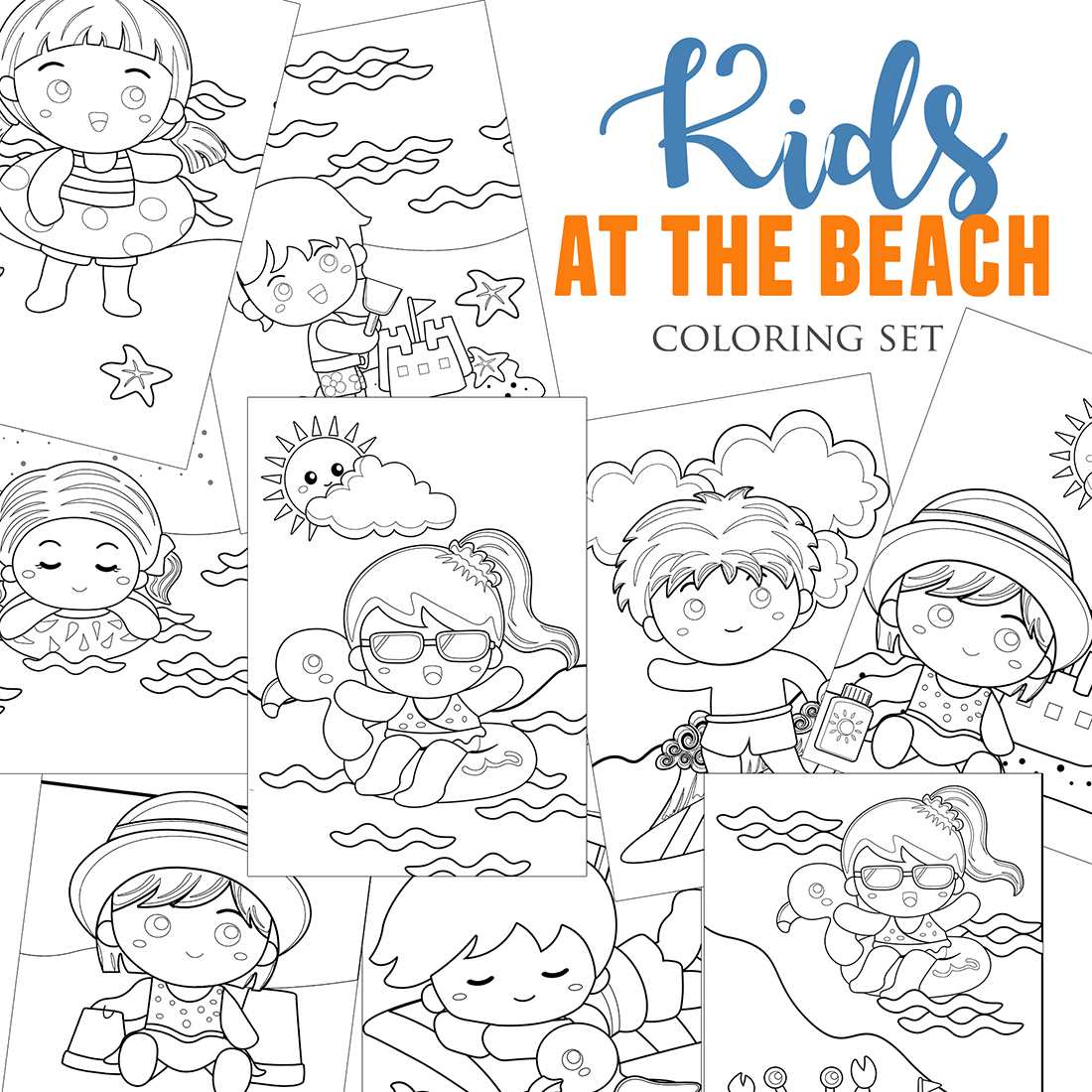 Summer kids at the beach holiday coloring pages activity for kids and adult