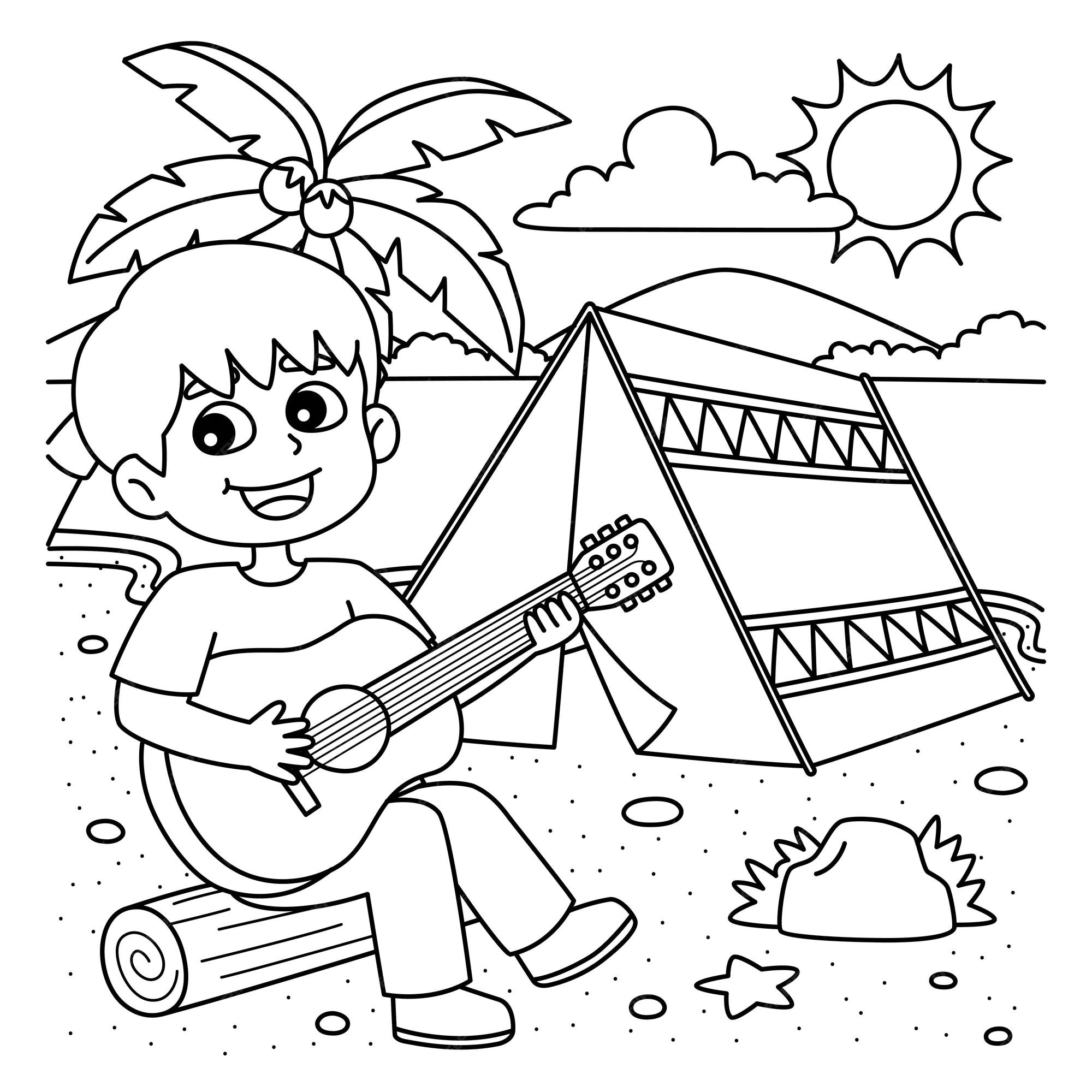 Premium vector a cute and funny coloring page of a boy summer camping provides hours of coloring fun for children color this page is very easy suitable for little kids and