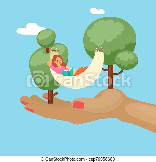Summer relax trees girl in hammock in nature outdoors summertime holiday cartoon vector illustration sumer vacation in canstock