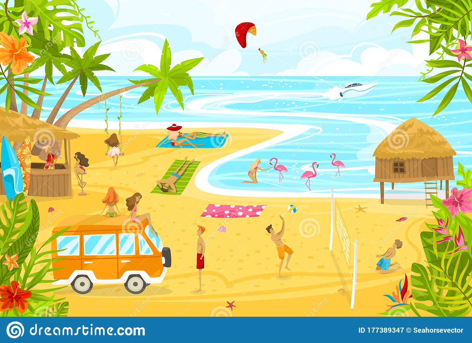 People relax on ocean beach enjoy summer vacation with friends on tropical island vector illustration stock vector