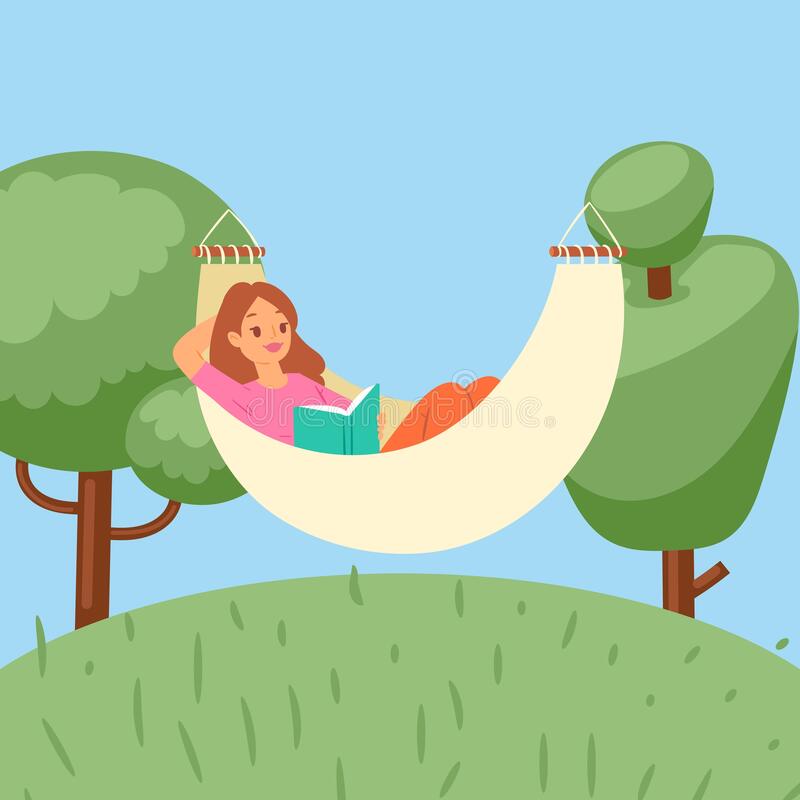 Summer relax girl in hammock in nature outdoors summertime holiday cartoon vector illustration stock vector
