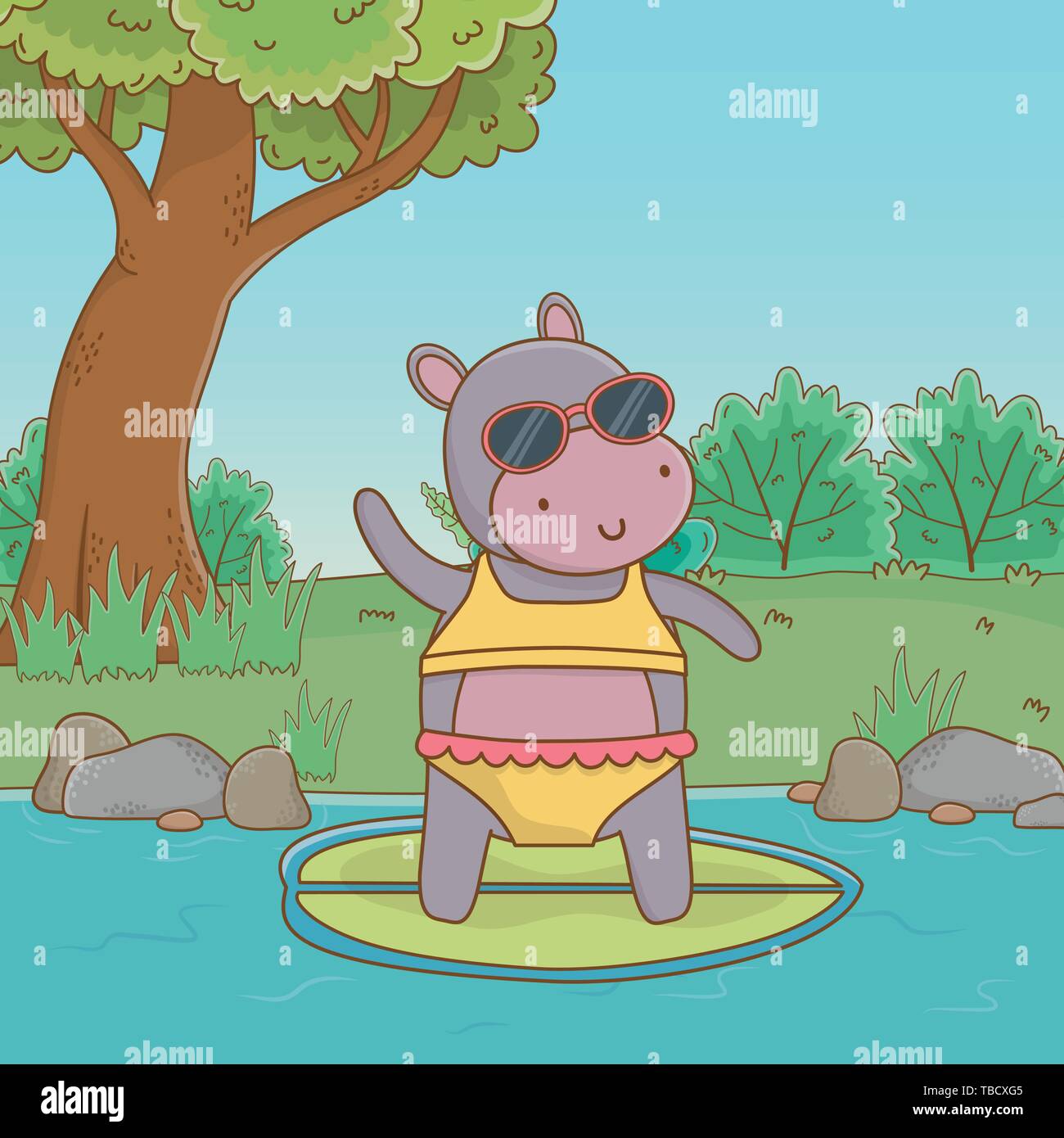 Cute animal hippopotamus enjoying summer vacations relax leisure outdoor cartoon vector illustration graphic design stock vector image art