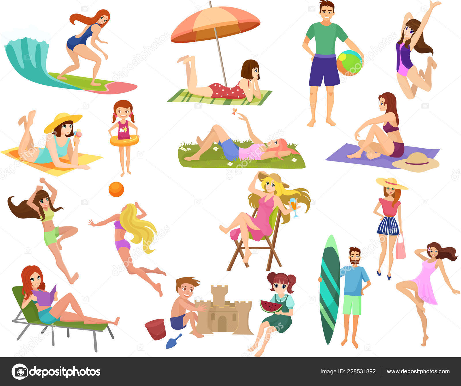 Summer beach cartoon anime vector people outdoor activities man woman and kids sunbathing playingwalking carrying surfboard talking relaxing isolated stock vector image by lembergvector