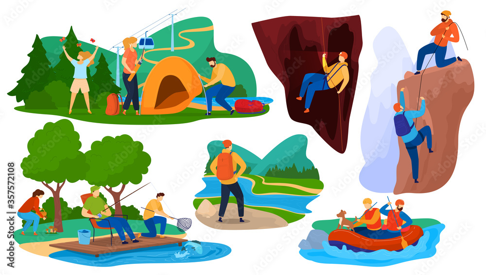 Active summer tourism vector illustration cartoon flat tourist characters hiking people camping in nature forest kayaking in river climbing mountains sport outdoor activity icon isolated on white