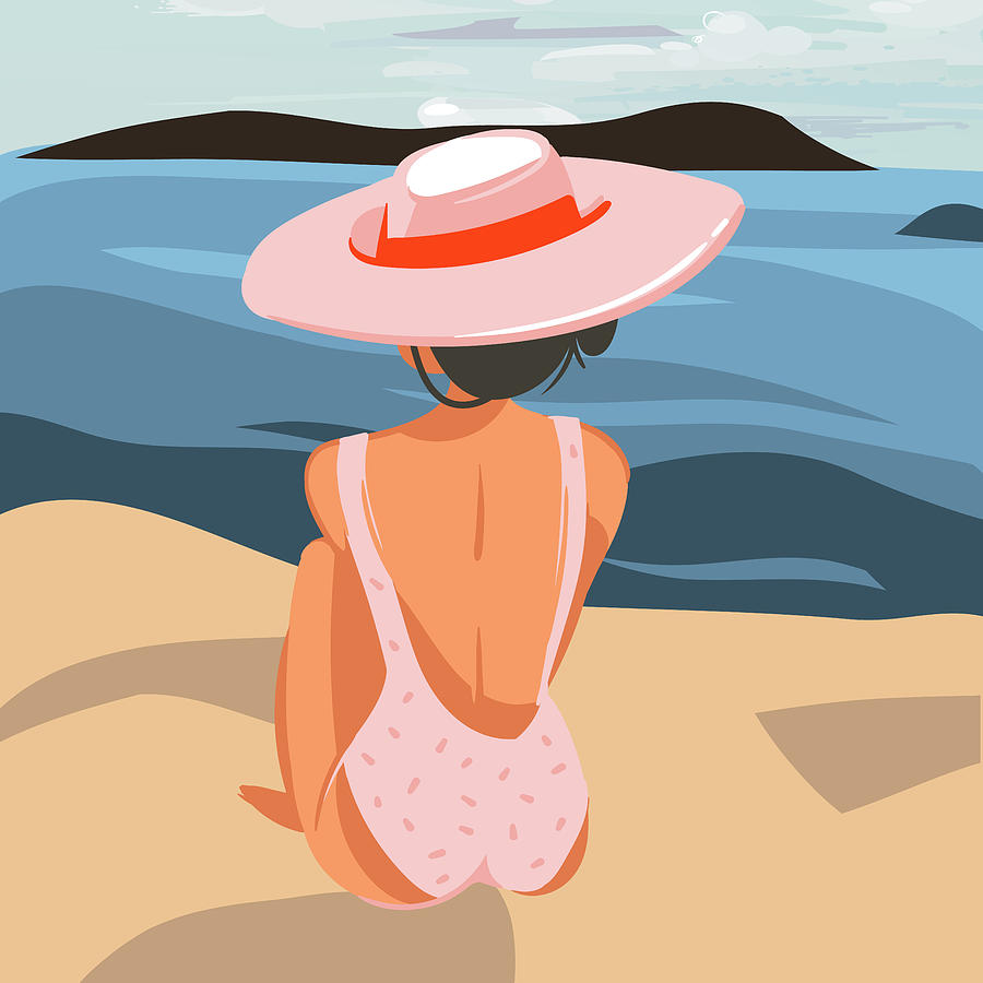 Relaxing girl in pink hat on beach landscape background hand drawn cartoon summer time illustration drawing by mounir khalfouf