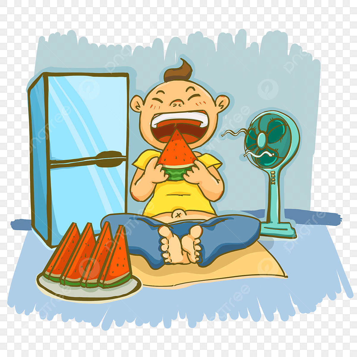 Summer watermelon hd transparent eating watermelon at home in the summer for a cool summer hand drawn cartoon greedy little boy summer at home watermelon png image for free download