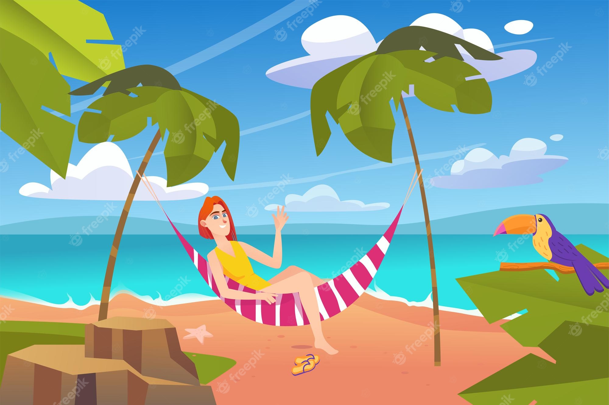 Premium vector summer landscape background in flat cartoon design wallpaper with happy woman relaxing in hammock