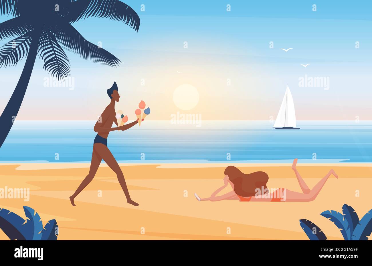 People relax on summer sea beach vacation in tropical island vector illustration cartoon young man character holding ice cream walking to girl in swimsuit bikini lying and sunbathing background stock vector image