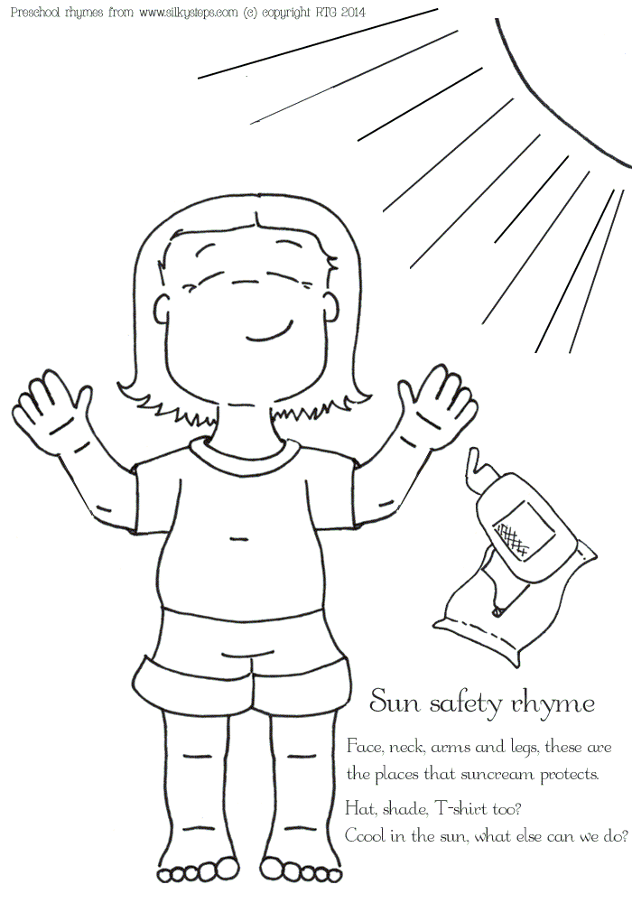 Preschool childrens sun saftey rhyme and suncream colouring picture
