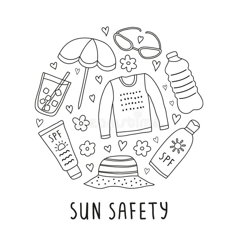 Doodle sun safety icons in circle stock vector