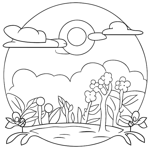 Premium vector coloring page landscape nature scenes with sun clouds or meadow landscape scene many trees flower