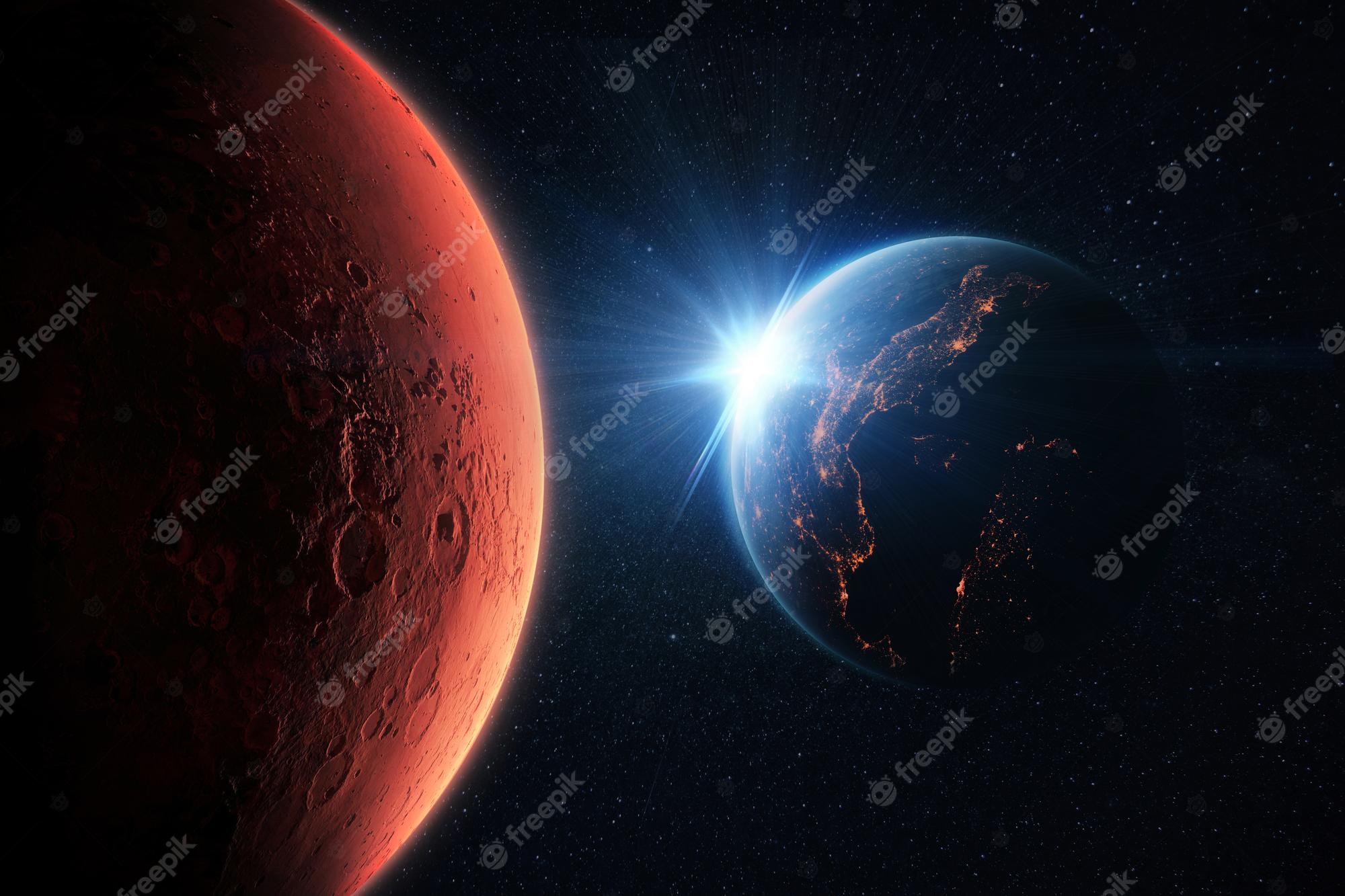 Premium photo new space mission amazing red planet mars and beautiful blue planet earth with the lights of the sun space wallpaper and journey to mars