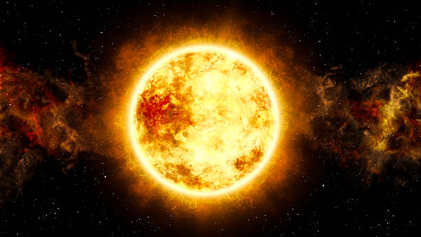Sun and star with cosmic cloud in space stock photo