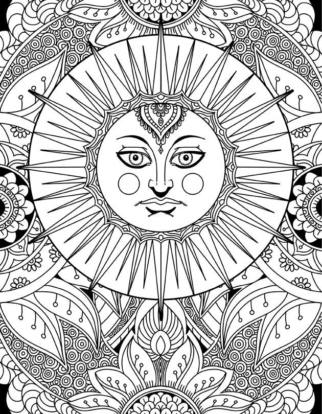 Sun goddess doodle art adult coloring page karyn lewis illustration