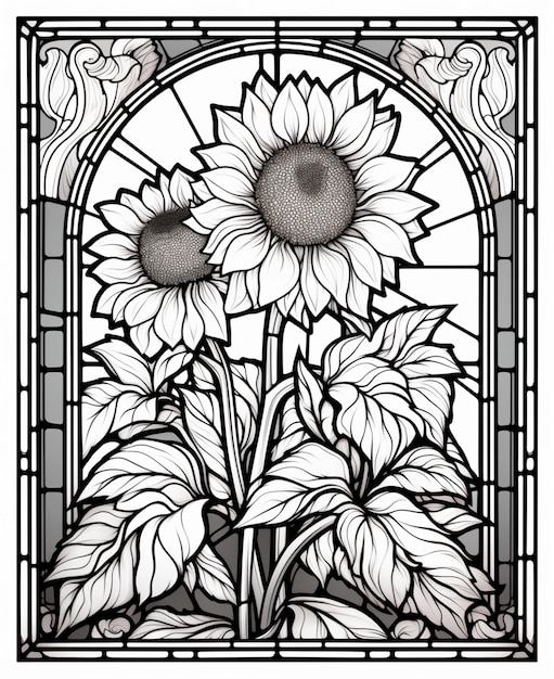Premium ai image a black and white drawing of two sunflowers in a stained glass window generative ai
