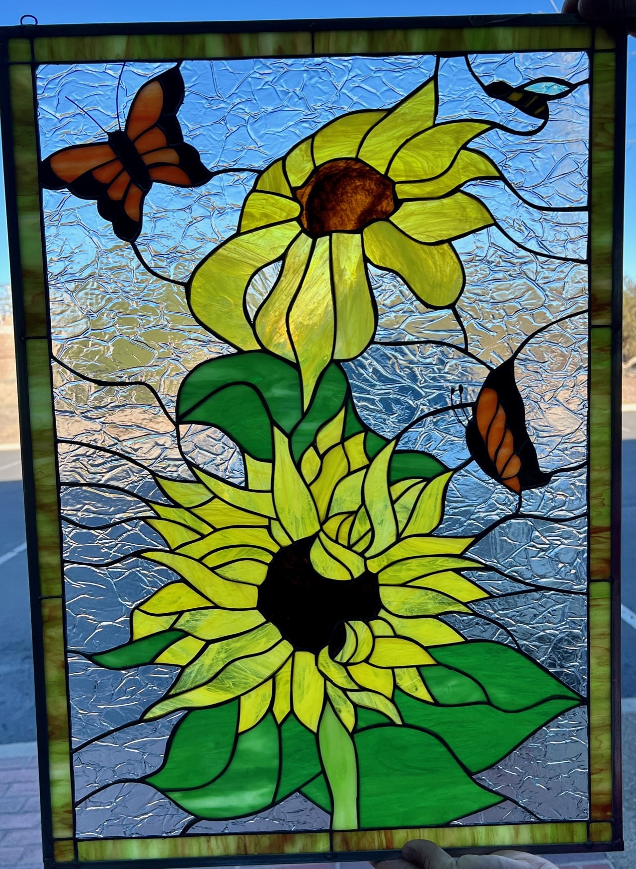 Sunflower butterfly bumblebee stained glass window panel